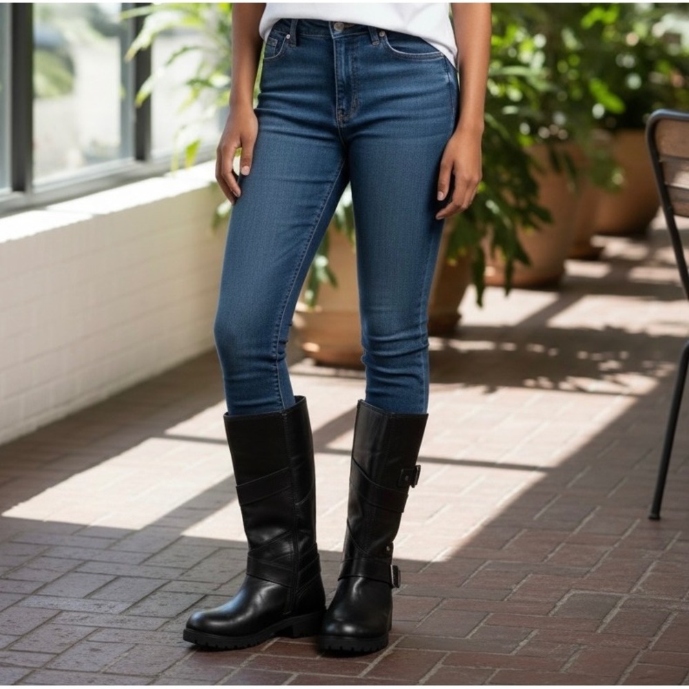 Harley-Davidson Black Leather Biker Boots Mid-Calf Moto Buckle Women's 9.5